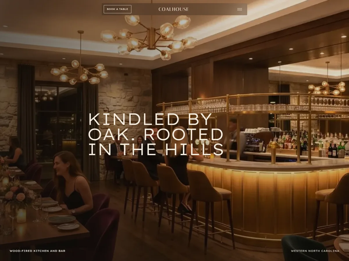 The Coalhouse concept site: a candlelit stone-walled dining room and the headline Kindled by oak, rooted in the hills