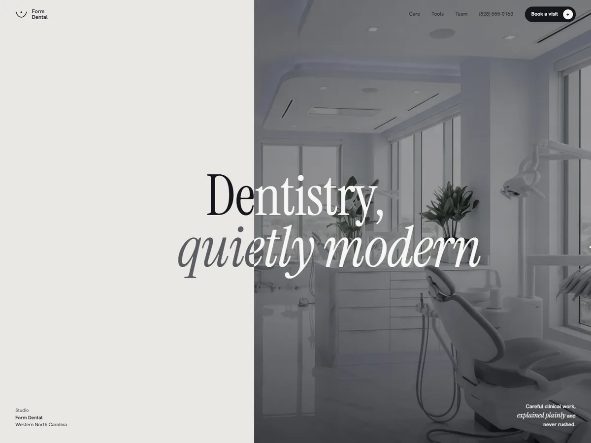 The Form Dental concept site: the headline Dentistry, quietly modern over a calm treatment room