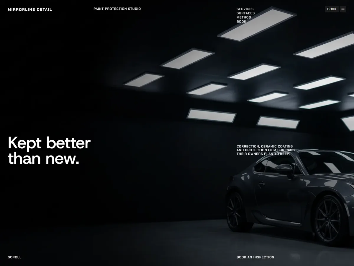 The Mirrorline Detail concept site: a dark coupe in a studio bay under the headline Kept better than new
