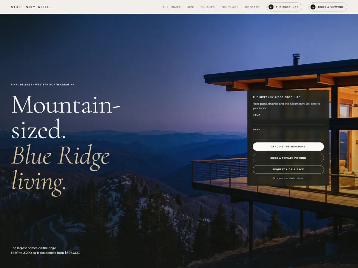 The Sixpenny Ridge concept site: a glass-walled home above blue ridges and the headline Mountain-sized, Blue Ridge living
