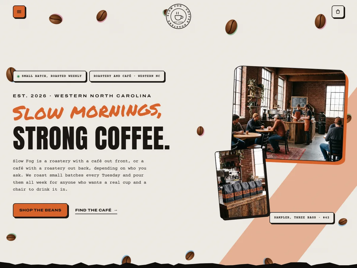 The Slow Fog Coffee concept site: the headline Slow mornings, strong coffee beside a photo of the brick café