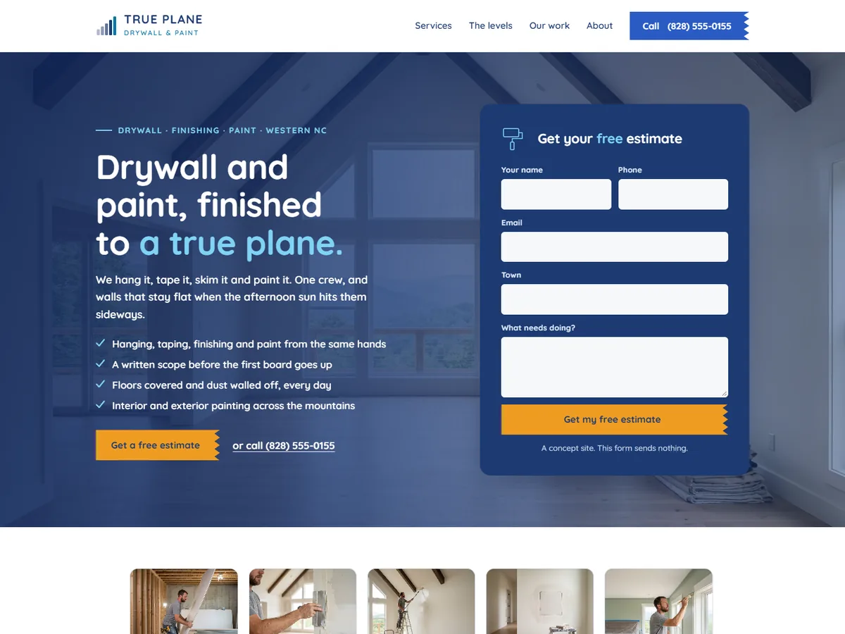 The True Plane concept site: a navy hero with the headline Drywall and paint, finished to a true plane, and an estimate form