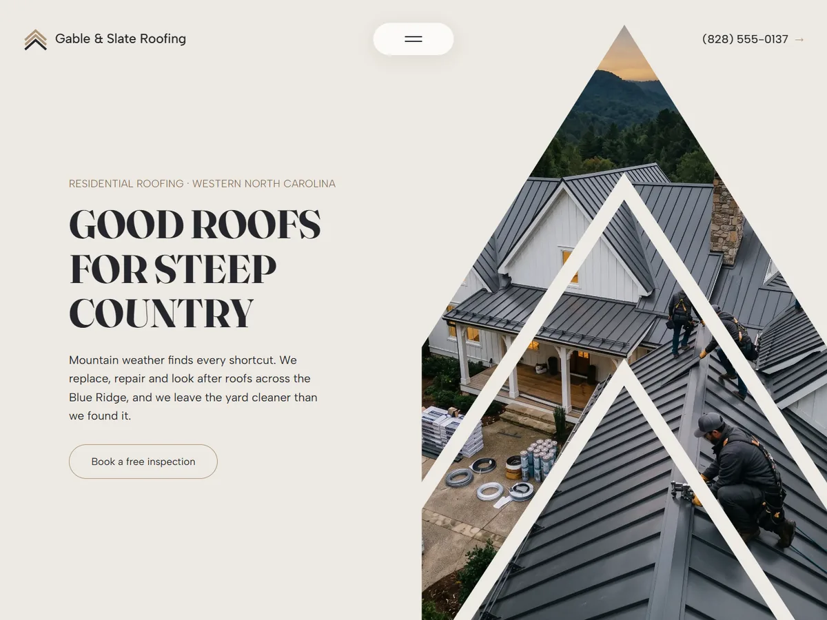 The opening screen of the Gable & Slate Roofing concept site